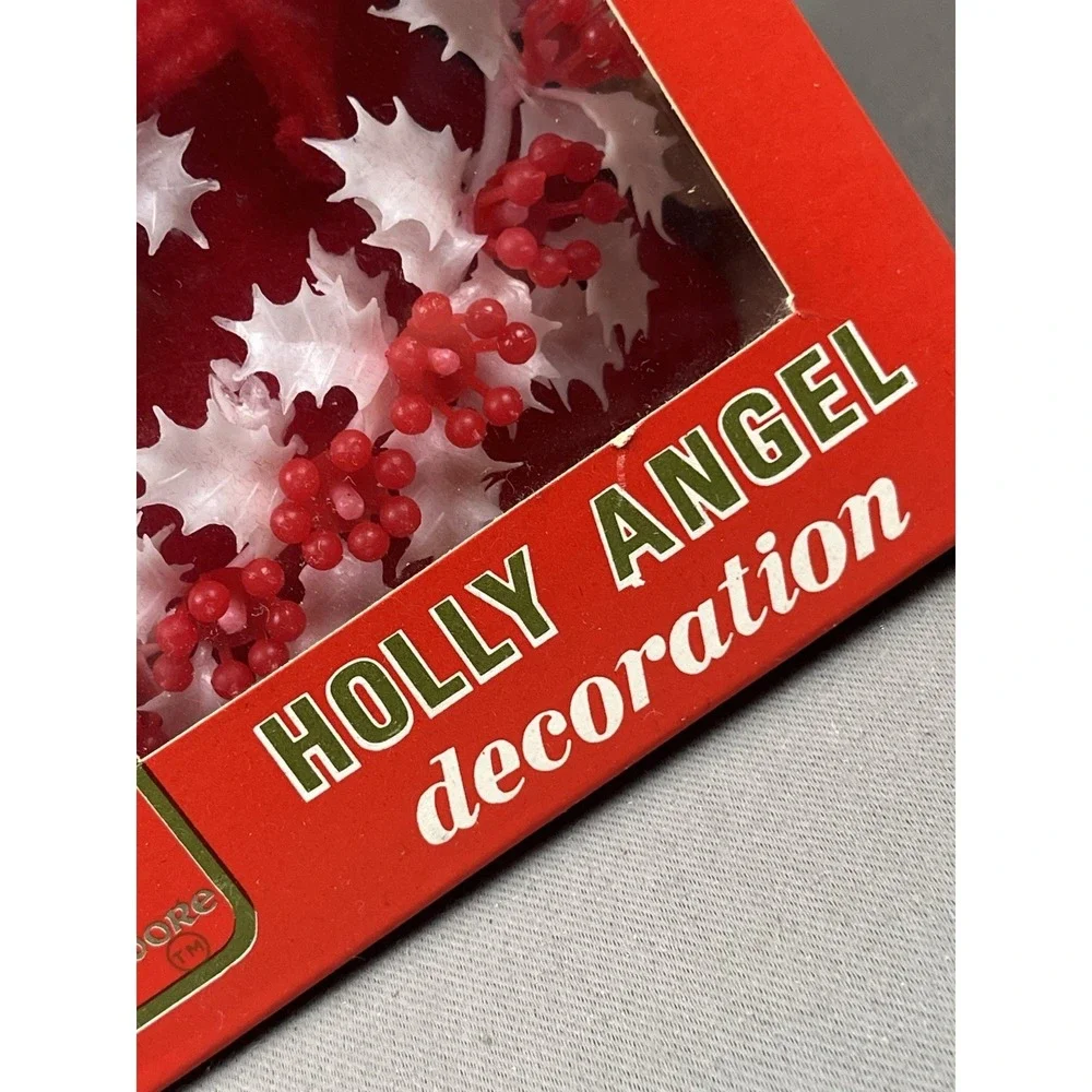 Vintage Commodore Christmas Angel Flocked‎ Red Decoration Holly Side Eye In Box